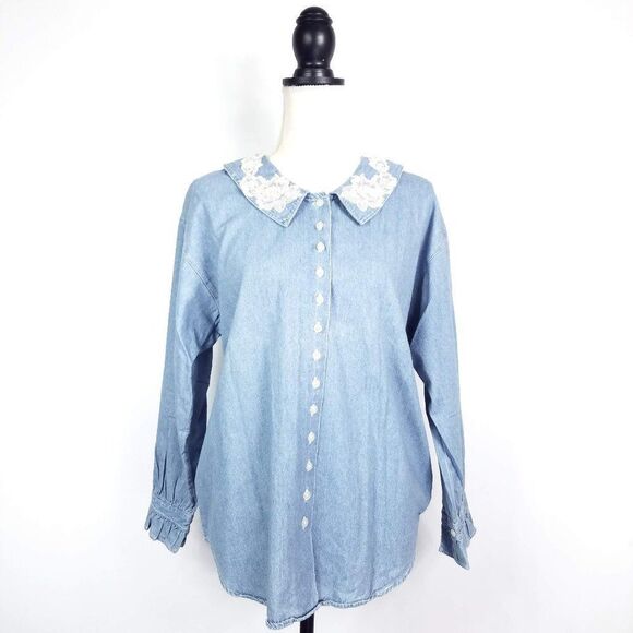 Vintage Denim Floral Embroidered Collar Button Up Long Sleeve Shirt Size Small - Picture 1 of 10